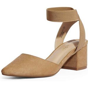 Pointed Toe Low Chunky Block Heels Pump Blush Camel Sued Shoes Adjustable Buckle
